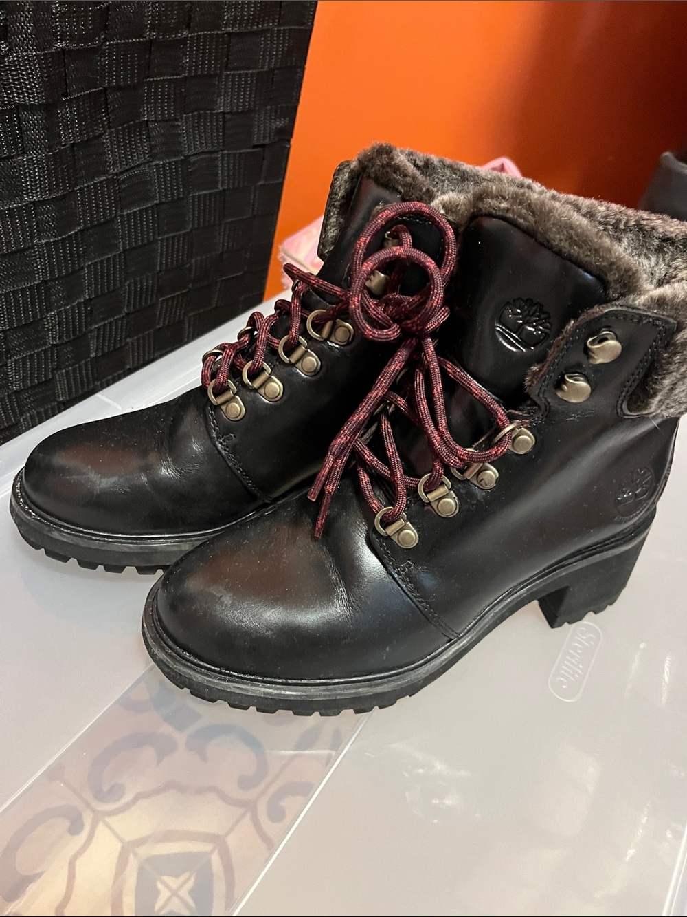 Timberland Black Leather Fur-Trim Lace-Up Ankle Boots